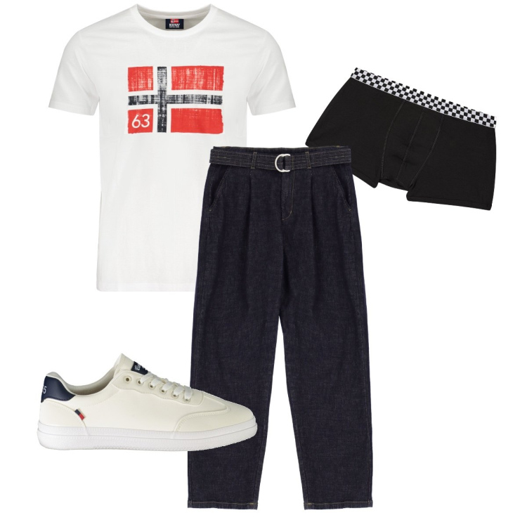 Outfit uomo - Il bordo quadrettato. Stile Urban per Ufficio. Abbinamento con boxer, jeans dritti, t-shirt, sneakers.