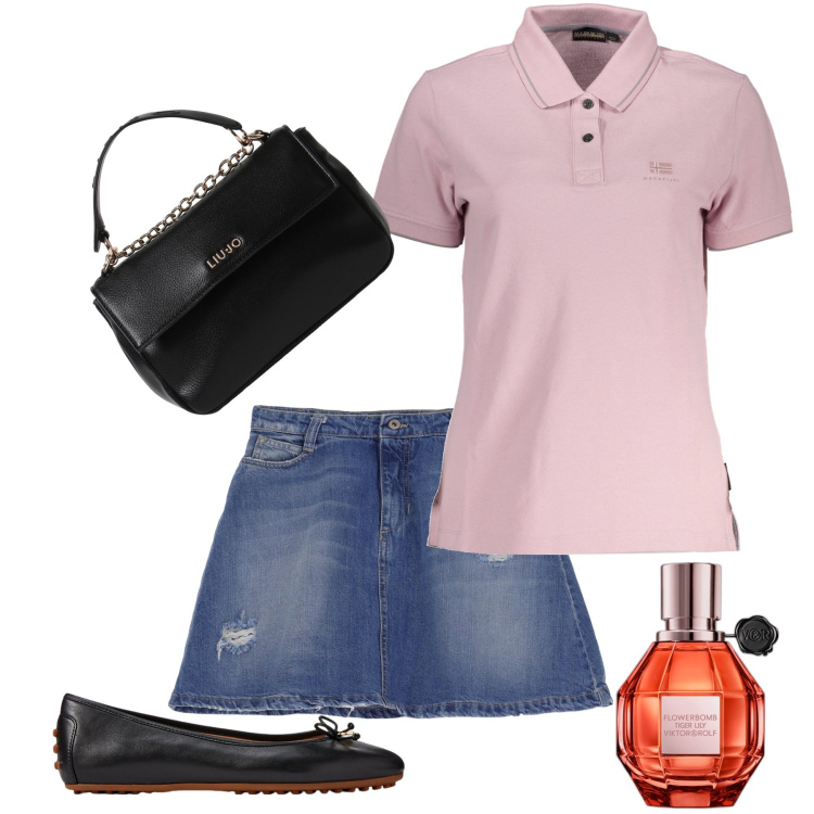 Outfit donna - Il profumo fa il look. Stile Trendy per Tutti i giorni. Abbinamento con profumi, minigonne, ballerine, polo, borse a mano.