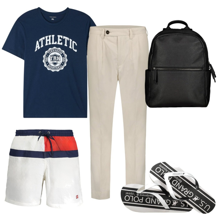 Outfit uomo - Total look #1915954. Stile Trendy per Mare. Abbinamento con t-shirt, sandali, borse sportive, pantaloni, costumi.