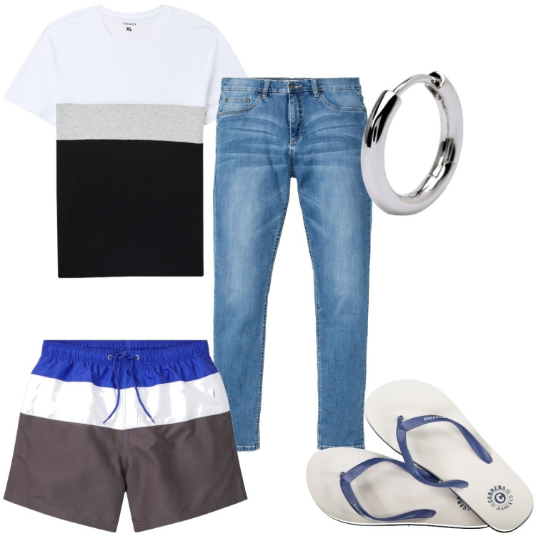 Outfit uomo - Total look #1915958. Stile Trendy per Mare. Abbinamento con jeans, costumi, t-shirt, orecchini, sandali.