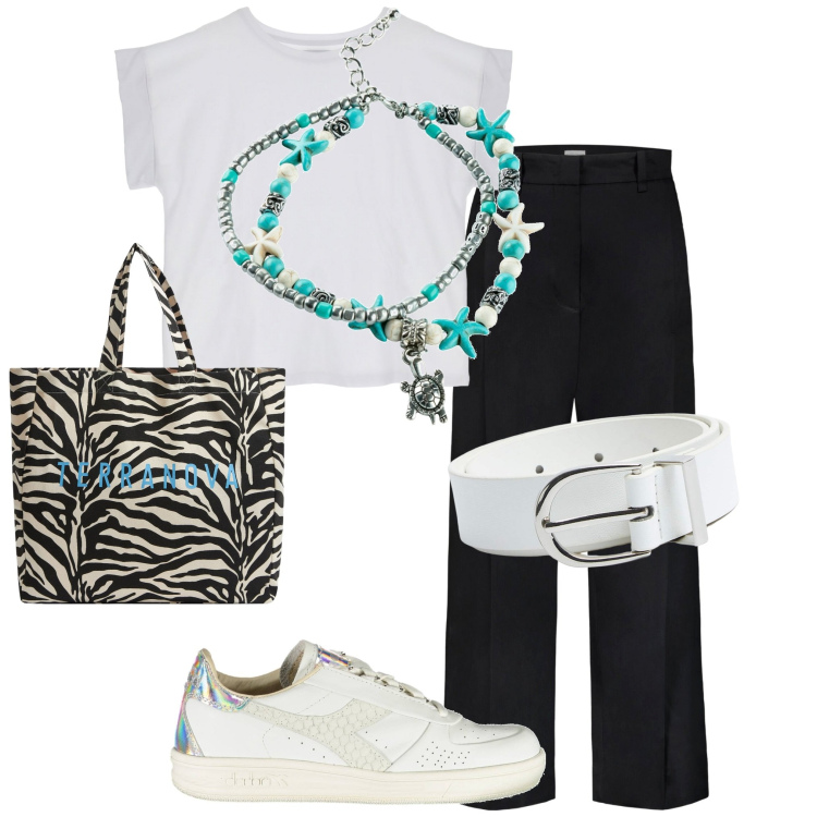 Outfit donna - Basico. Stile Minimal per Tutti i giorni. Abbinamento con collane, borse tote, cinture, t-shirt, pantaloni, sneakers.