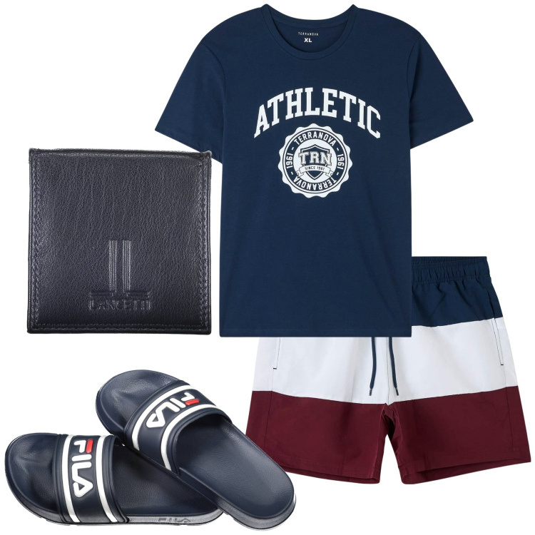 Outfit uomo - Total look #1915966. Stile Casual per Mare. Abbinamento con t-shirt, bermuda, portamonete, sandali.