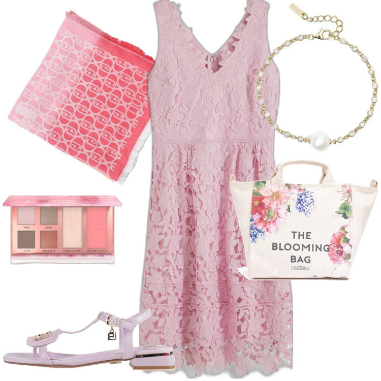 Outfit donna - Al mare chic. Stile Casual chic per Tutti i giorni. Abbinamento con vestiti, sandali, blush, braccialetti, borse tote, foulard.