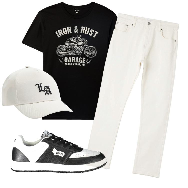 Outfit uomo - Total look #1915969. Stile Casual per Tutti i giorni. Abbinamento con t-shirt, cappelli, pantaloni, sneakers.