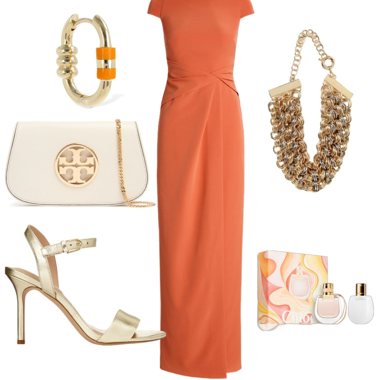 Outfit donna - Total look #1915979. Stile Chic per Serata fuori. Abbinamento con profumi, sandali in pelle, vestiti lunghi, collane, orecchini, pochette.