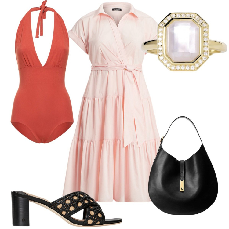 Outfit donna - Total look #1915985. Stile Trendy per Mare. Abbinamento con anelli, borse a spalla, sandali in pelle, vestiti, costumi interi.