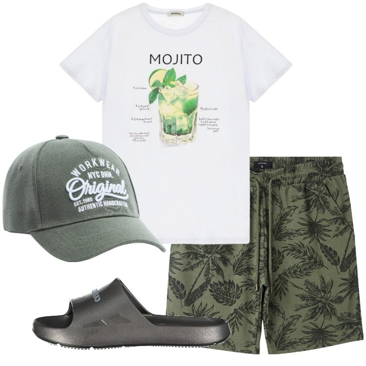 Outfit uomo - Al chiosco in spiaggia. Stile Casual per Mare. Abbinamento con bermuda, cappelli, t-shirt, sandali.