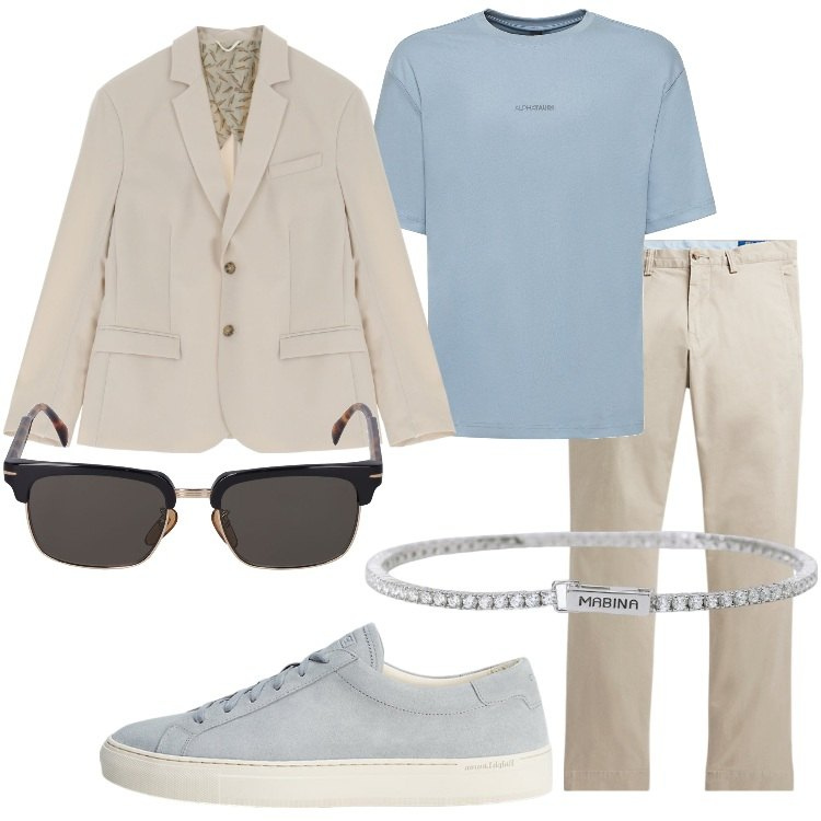 Outfit uomo - In ufficio con stile. Stile Business/Elegante per Ufficio. Abbinamento con braccialetti, giacche, pantaloni, sneakers, occhiali da sole, t-shirt.
