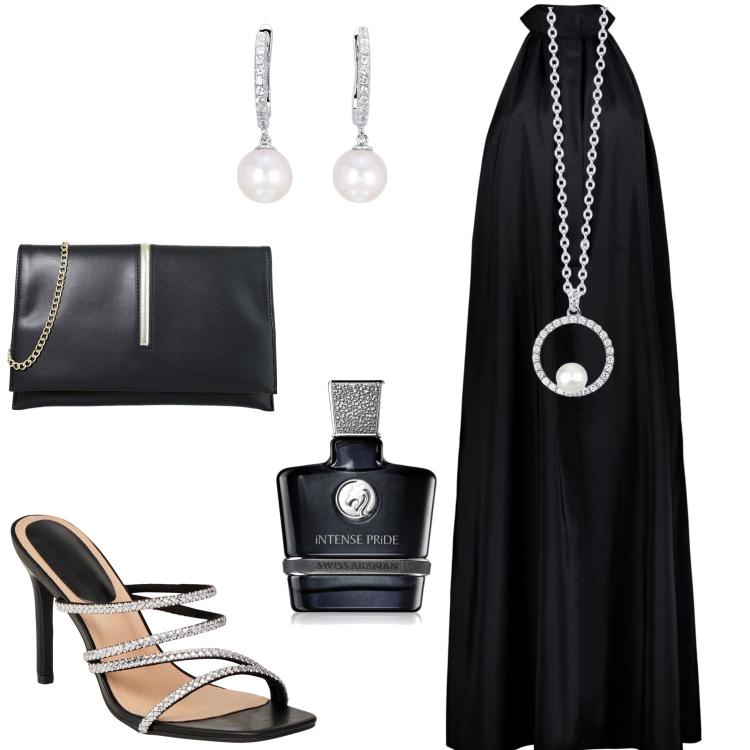 Outfit donna - Cerimonia d\'estate. Stile Chic per Cerimonia. Abbinamento con profumi, sandali col tacco, collane, orecchini, pochette, vestiti.