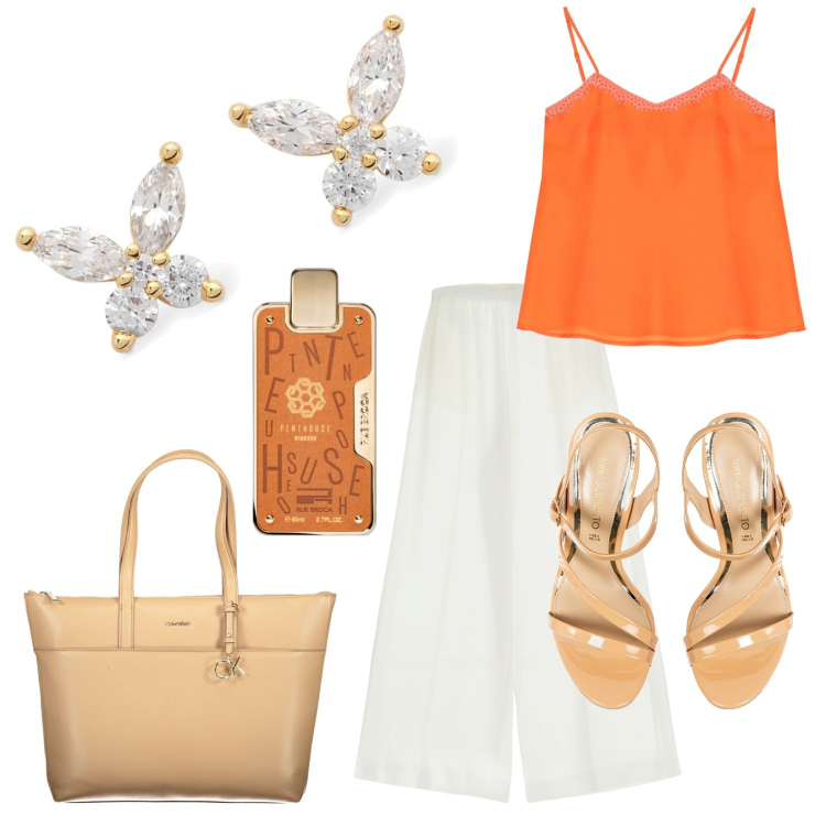 Outfit donna - Butterfly. Stile Casual chic per Tutti i giorni. Abbinamento con profumi, sandali in pelle, pantaloni, top, orecchini, borse a spalla.