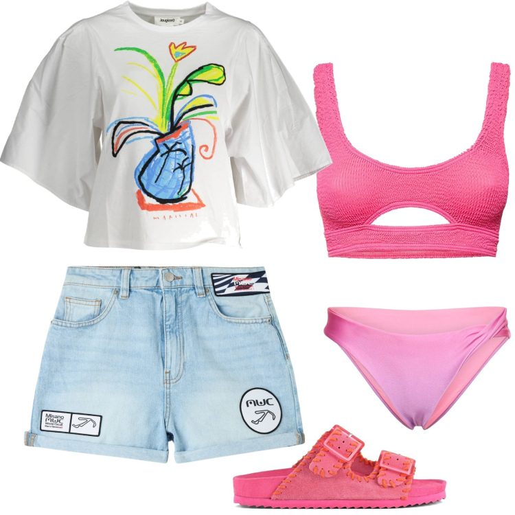 Outfit donna - Nella riserva. Stile Basic per Mare. Abbinamento con shorts, t-shirt, bikini, sandali, bikini.
