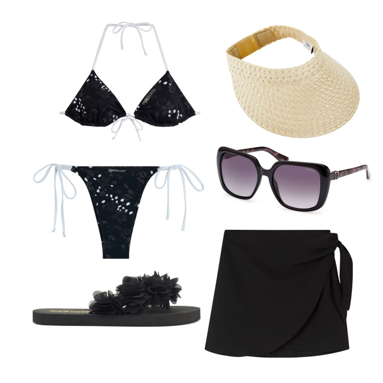 Outfit donna - Ghost outfitter - luglio. Stile Trendy per Mare. Abbinamento con cappelli con visiera, vestiti da spiaggia, bikini, bikini, infradito, occhiali da sole.