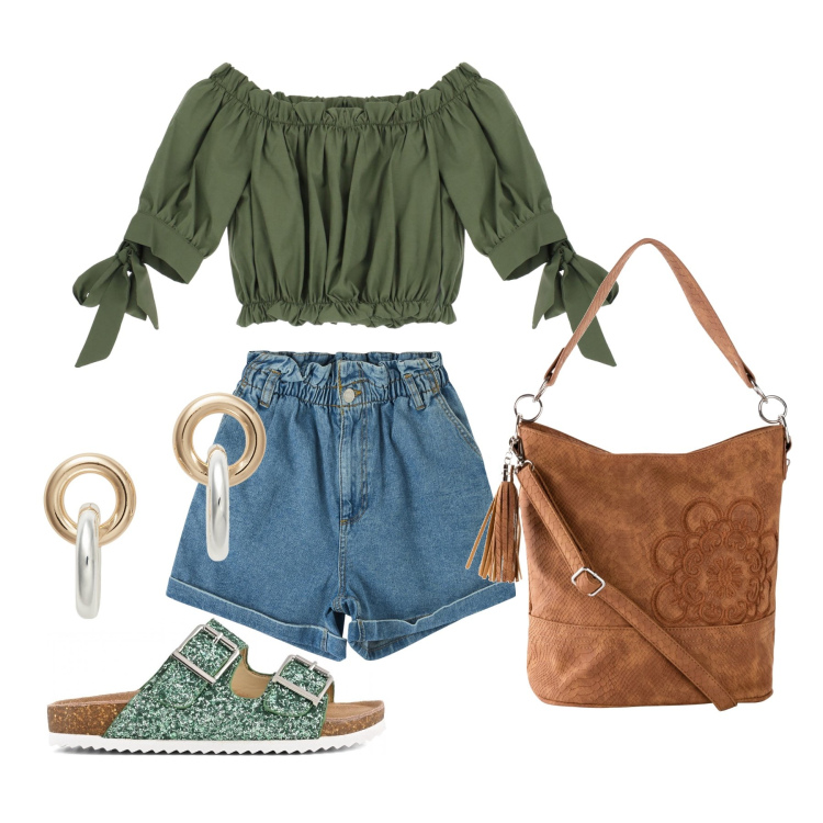 Outfit donna - Ghost outfitter - luglio. Stile Trendy per Tutti i giorni. Abbinamento con borse a mano, shorts, bluse, orecchini, sandali.