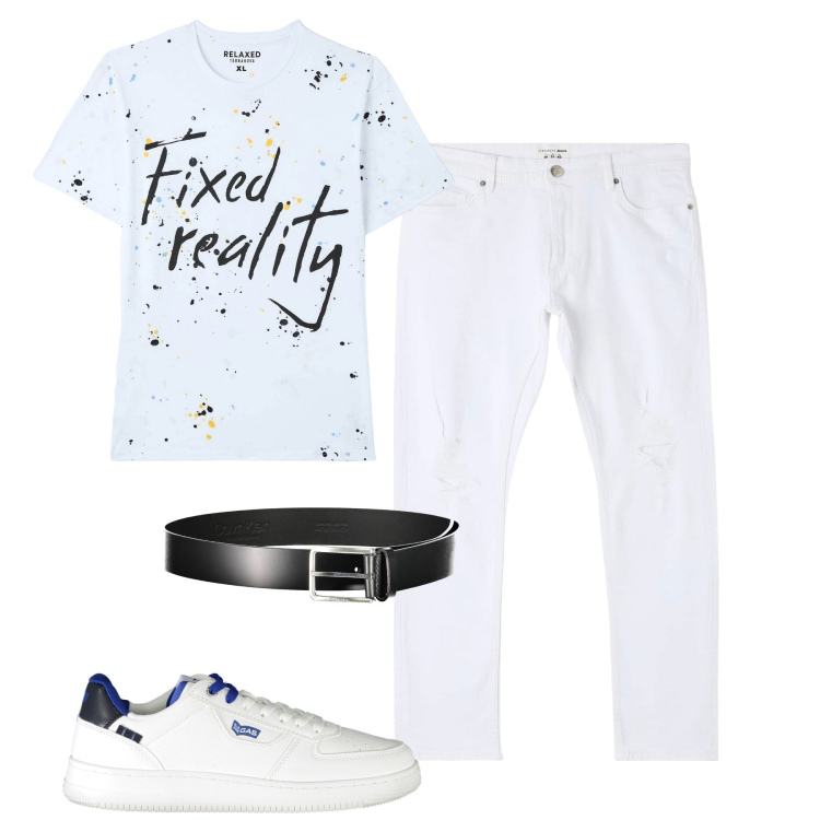 Outfit uomo - Total look #1916048. Stile Casual per Tutti i giorni. Abbinamento con jeans strappati, t-shirt, cinture, sneakers.