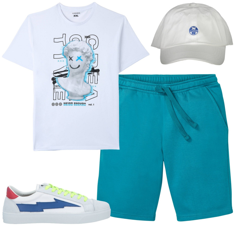Outfit uomo - Total look #1916049. Stile Casual per Tutti i giorni. Abbinamento con sneakers, bermuda, t-shirt, cappelli con visiera.