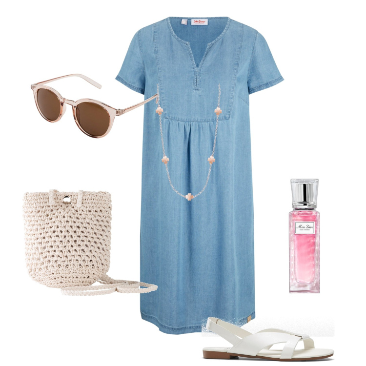 Outfit donna - Per le vacanze curvy fashion. Stile Casual per Tutti i giorni. Abbinamento con sandali, occhiali da sole, vestiti, borse a tracolla, profumi, collane.