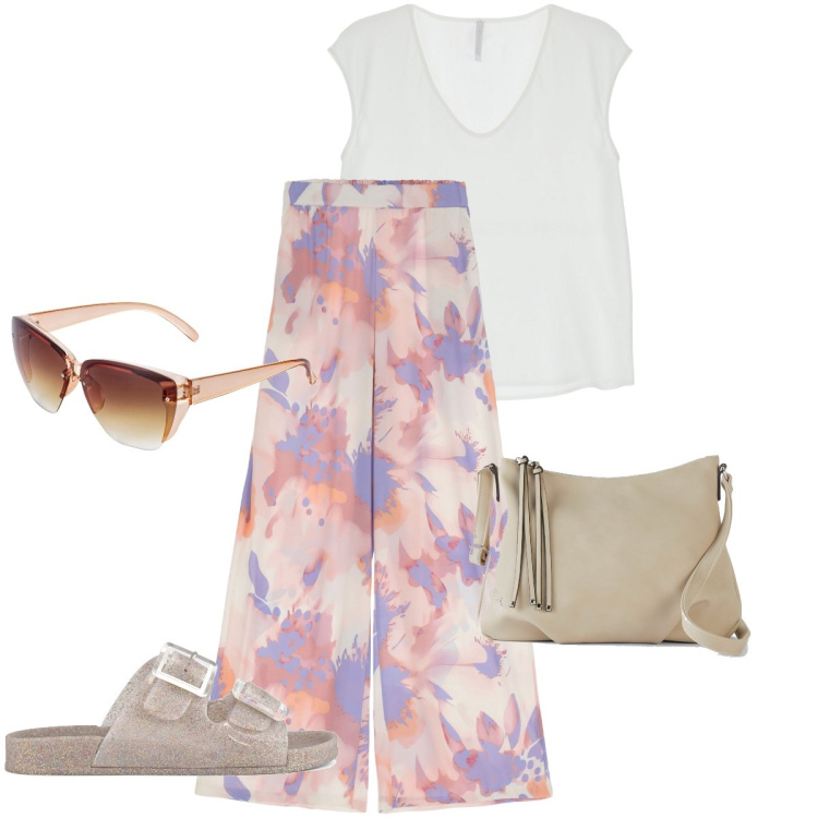 Outfit donna - Le ciabatte lurex. Stile Casual chic per Tutti i giorni. Abbinamento con occhiali da sole, borse a tracolla, pantaloni, canottiere, sandali.