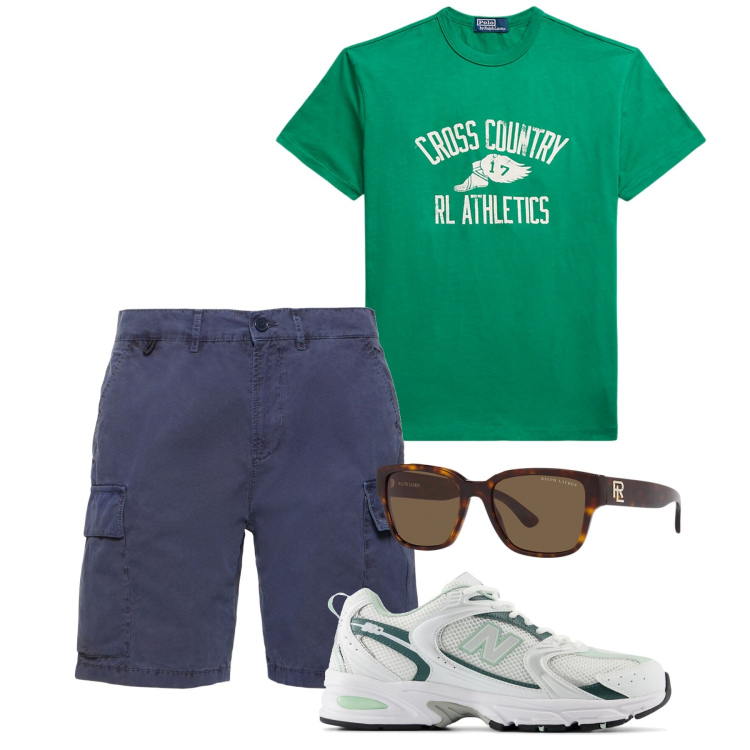 Outfit uomo - In giro. Stile Casual per Tutti i giorni. Abbinamento con sneakers, occhiali da sole, t-shirt, shorts.
