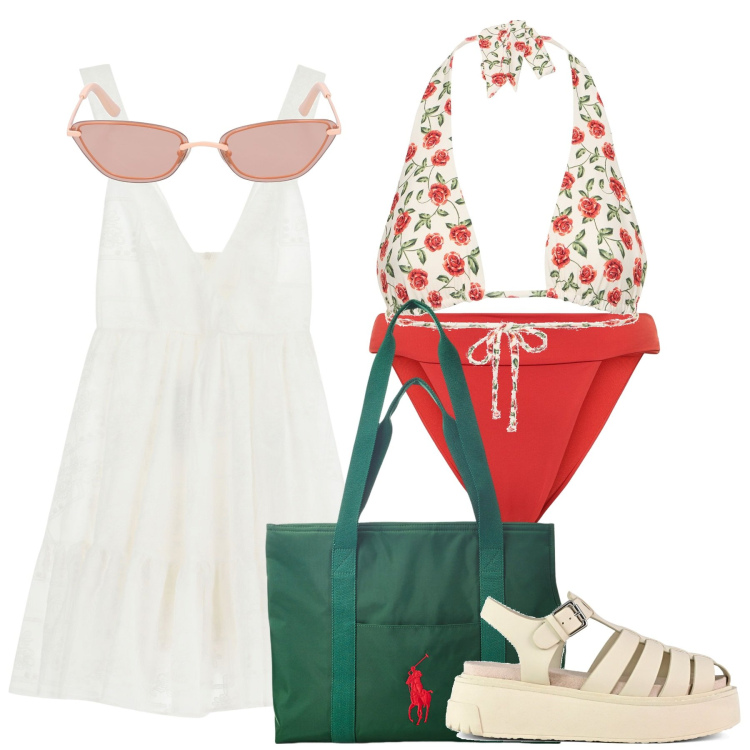 Outfit donna - Il bikini colorato. Stile Romantica per Mare. Abbinamento con vestiti corti, borse tote, bikini, sandali, bikini, occhiali da sole.