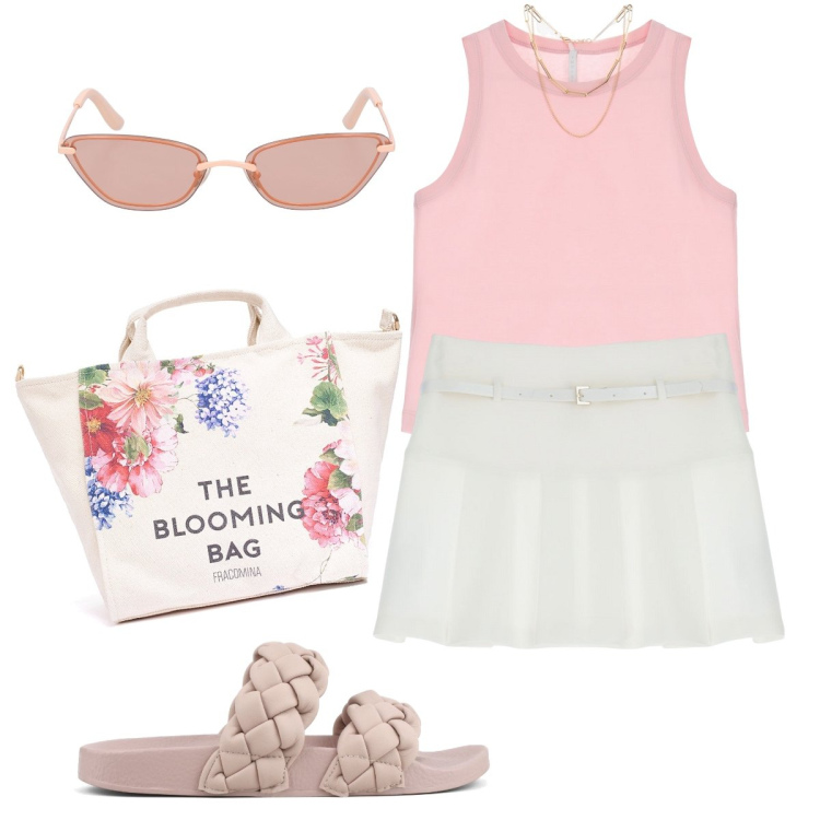 Outfit donna - La gonnellina a pieghe. Stile Casual chic per Mare. Abbinamento con minigonne, top, borse tote, ciabatte, occhiali da sole.