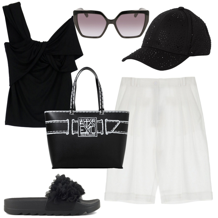 Outfit donna - Al mare. Stile Casual chic per Mare. Abbinamento con bermuda, top, ciabatte, occhiali da sole, borse a spalla, cappelli.