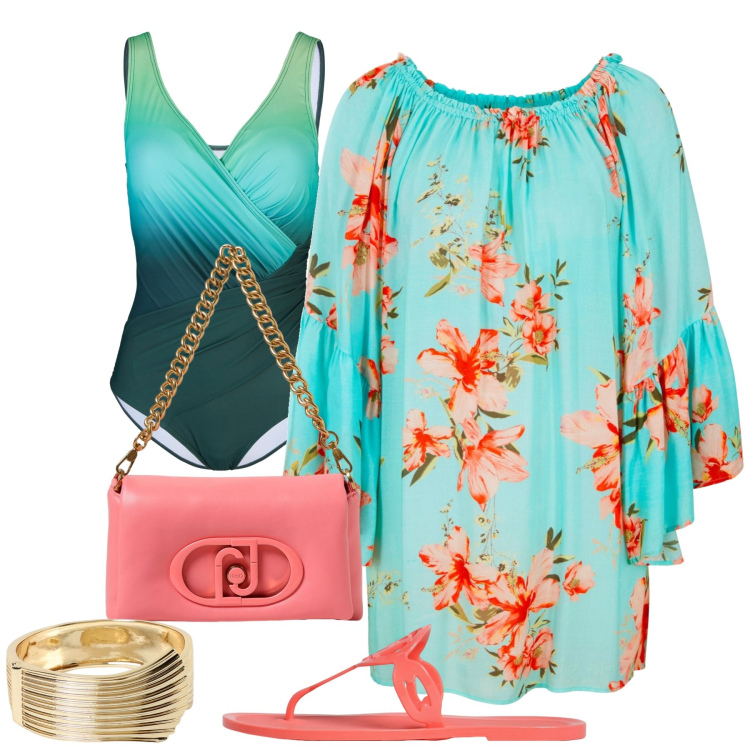 Outfit donna - Al mare. Stile Casual chic per Mare. Abbinamento con vestiti da spiaggia, costumi interi, braccialetti, borse a spalla, ciabatte.