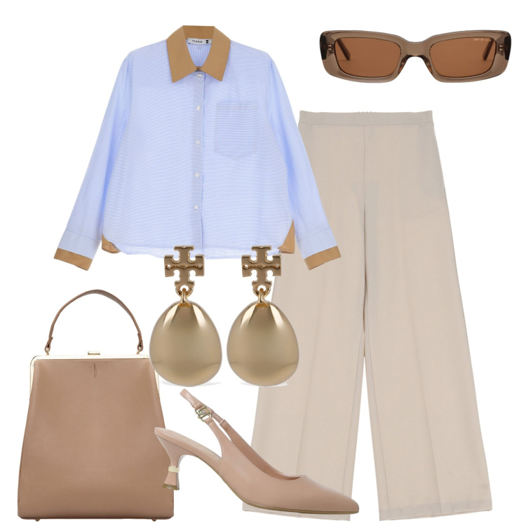 Outfit donna - In ufficio. Stile Casual chic per Ufficio. Abbinamento con camicie, pantaloni a palazzo, borse a spalla, orecchini, scarpe col tacco, occhiali da sole.