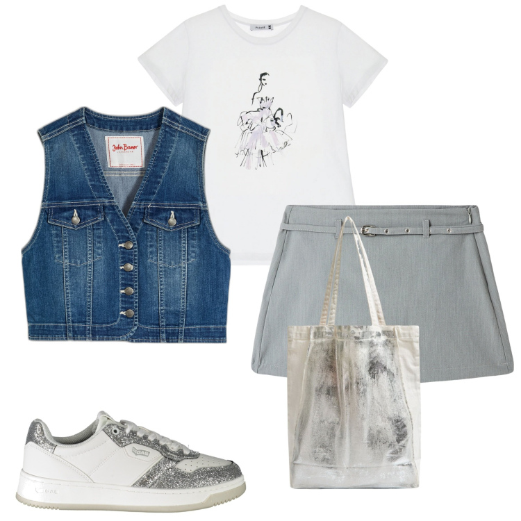 Outfit donna - Con il gilet in jeans. Stile Casual per Tutti i giorni. Abbinamento con gilet, shopping bag, minigonne, t-shirt, sneakers.