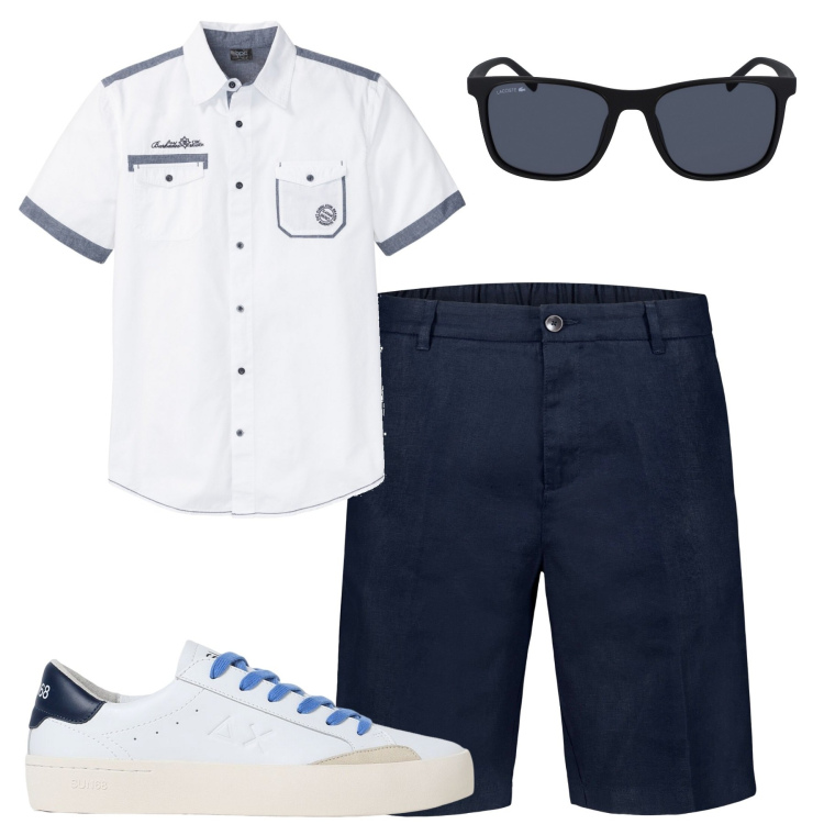 Outfit uomo - City. Stile Trendy per Tutti i giorni. Abbinamento con camicie a manica corta, sneakers, occhiali da sole, bermuda.