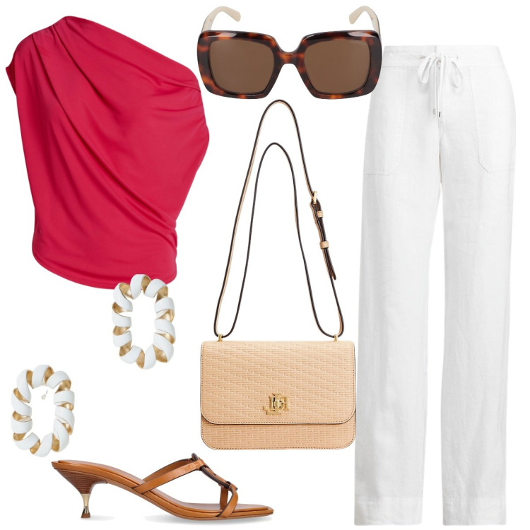 Outfit donna - Rosso protagonista. Stile Casual chic per Tutti i giorni. Abbinamento con pantaloni, top, borse a spalla, pantofole, occhiali da sole, orecchini.