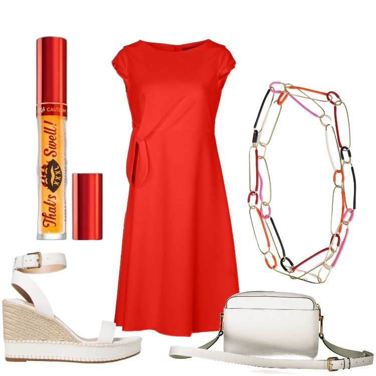 Outfit donna - Rosso di sera. Stile Bon Ton per Serata fuori. Abbinamento con gloss, vestiti midi/longuette, collane, sandali in pelle, borse a tracolla.