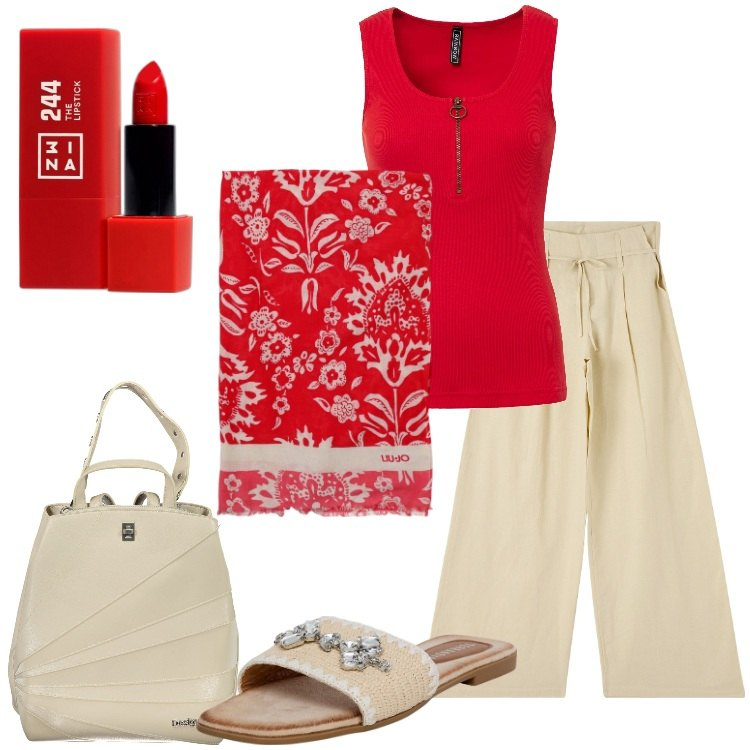 Outfit donna - Cherry Red Details. Stile Basic per Tutti i giorni. Abbinamento con top, rossetti, ciabatte, pantaloni, sciarpe, zaini.