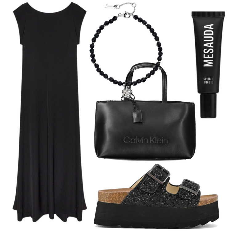 Outfit donna - Nero. Stile Rock per Serata fuori. Abbinamento con primer, braccialetti, zeppe, vestiti lunghi, borse a spalla.