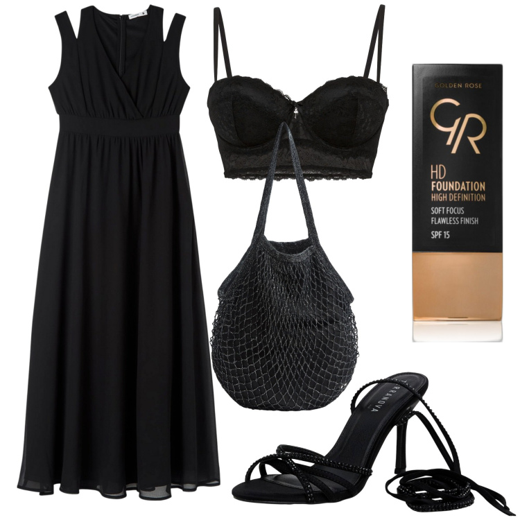 Outfit donna - Nero. Stile Trendy per Serata fuori. Abbinamento con reggiseni a balconcino, fondotinta, vestiti lunghi, borse a tracolla, sandali alla schiava.