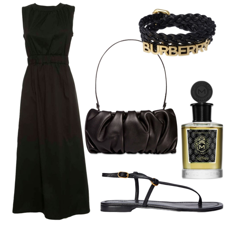 Outfit donna - Essenziale. Stile Minimal per Serata fuori. Abbinamento con profumi, sandali in pelle, vestiti lunghi, borse a spalla, braccialetti.