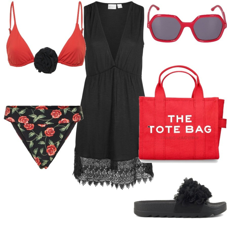 Outfit donna - Total look #1916153. Stile Casual per Mare. Abbinamento con vestiti da spiaggia, ciabatte, shopping bag, bikini, bikini, occhiali da sole.