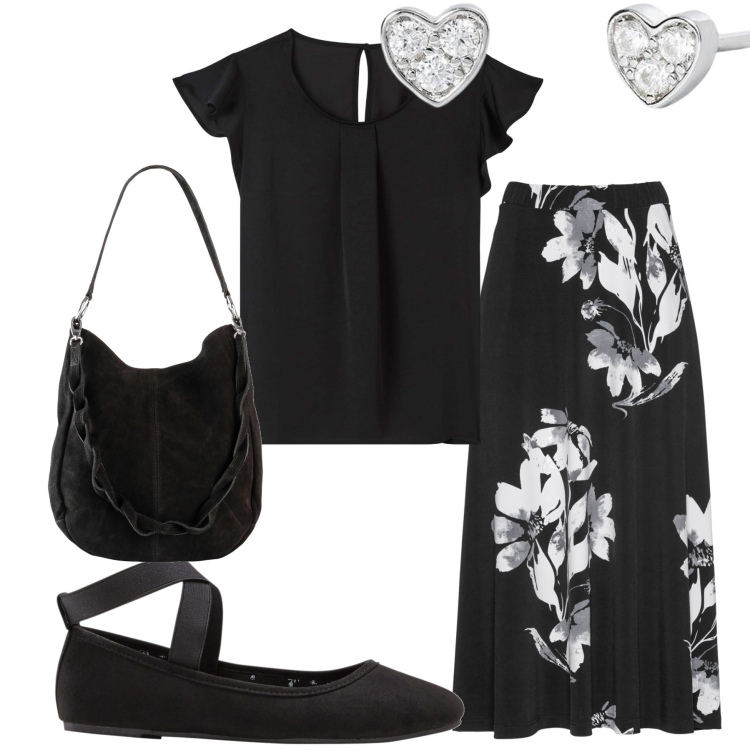 Outfit donna - Fiori e cuori. Stile Bon Ton per Tutti i giorni. Abbinamento con ballerine, gonne, borse a mano, bluse, orecchini.