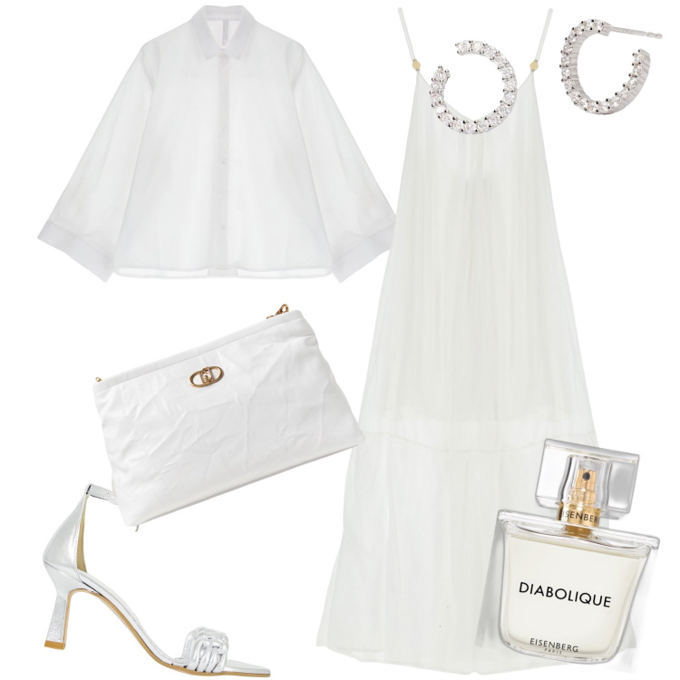 Outfit donna - Sposa maliziosa. Stile Chic per Cerimonia. Abbinamento con profumi, vestiti lunghi, orecchini, décolleté, camicie, clutch.