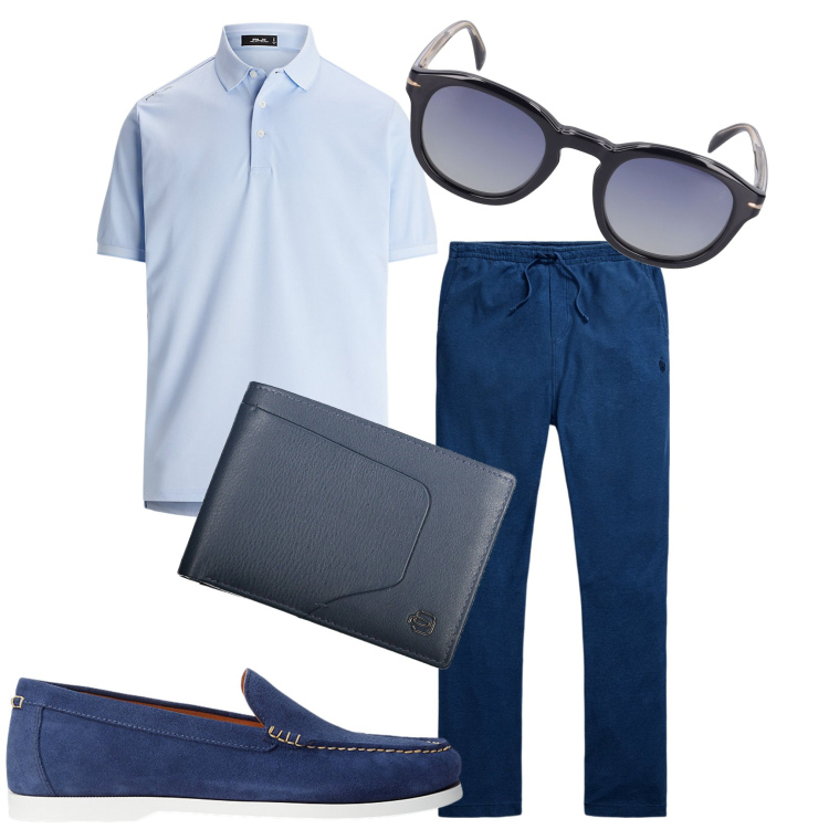 Outfit uomo - In ufficio. Stile Casual per Ufficio. Abbinamento con scarpe stringate, pantaloni, polo, occhiali da sole, portafogli.