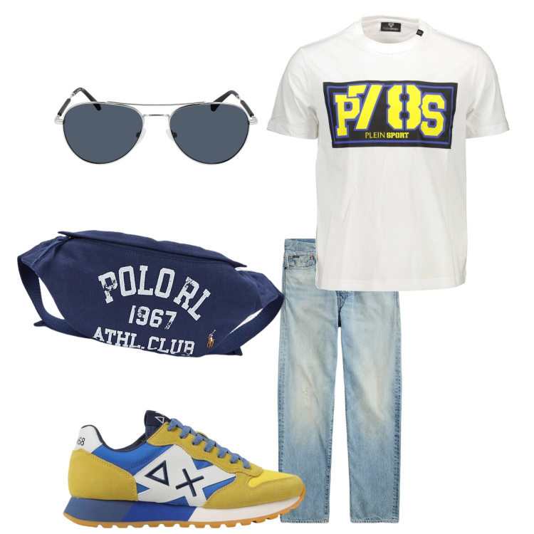Outfit uomo - Per andare in palestra. Stile Casual per Tutti i giorni. Abbinamento con jeans dritti, borse sportive, t-shirt, occhiali da sole, sneakers.