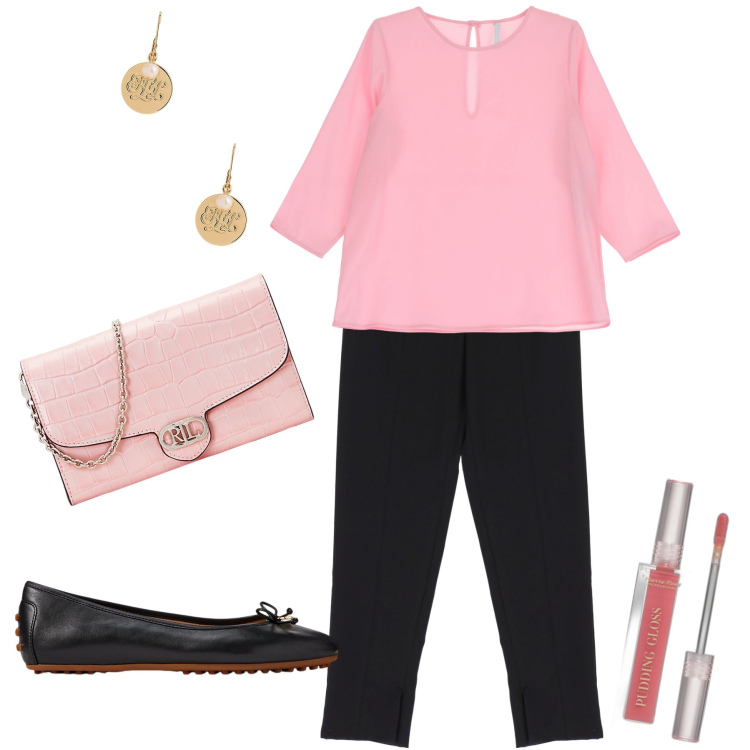 Outfit donna - Total look. Stile Bon Ton per Tutti i giorni. Abbinamento con gloss, pantaloni, bluse, ballerine, borse a tracolla, orecchini.