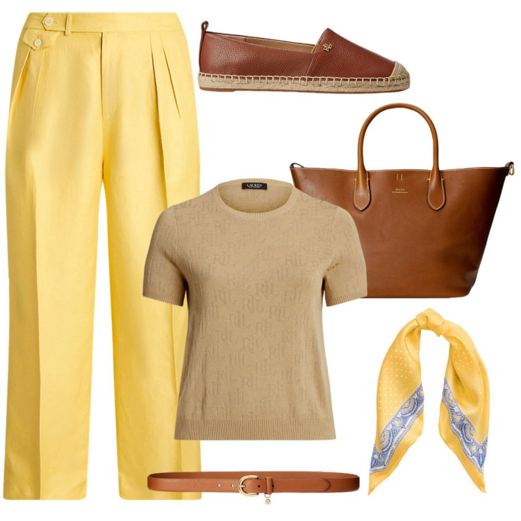 Outfit donna - Alice: accessori color cuoio. Stile Casual chic per Ufficio. Abbinamento con cinture, maglieria, pantaloni, borse tote, espadrillas, foulard.