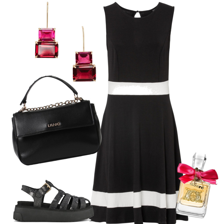 Outfit donna - Serata pizza. Stile Bon Ton per Serata fuori. Abbinamento con vestiti corti, profumi, orecchini, sandali, borse a mano.