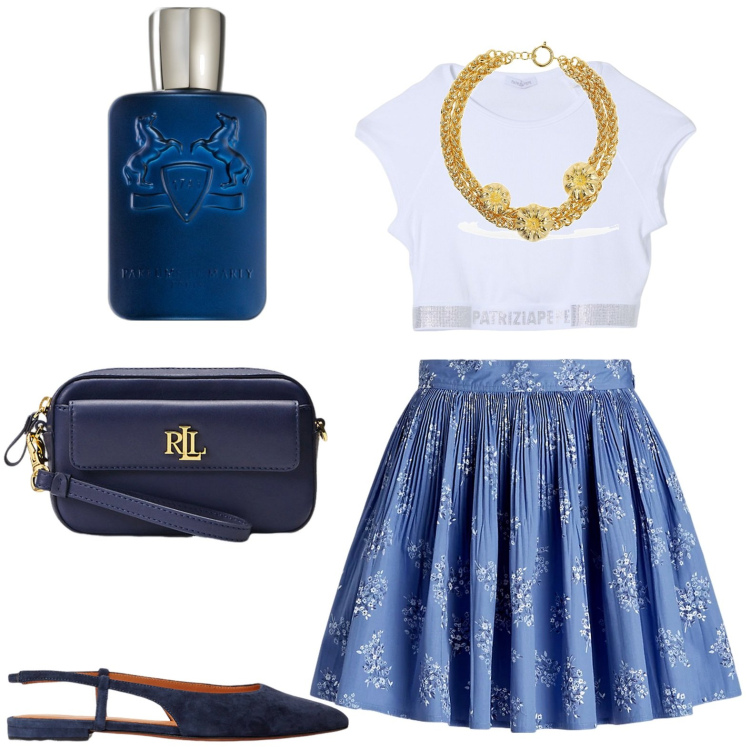 Outfit donna - Gonna a ruota. Stile Bon Ton per Tutti i giorni. look ideale per Petite. Abbinamento con profumi, pochette, ballerine, gonne, top, collane.