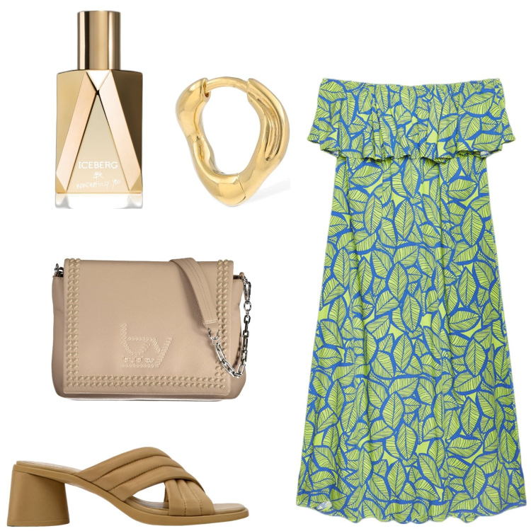 Outfit donna - L\'abito fluido. Stile Boho per Tutti i giorni. look ideale per Petite. Abbinamento con profumi, vestiti lunghi, borse a spalla, orecchini, sandali col tacco.