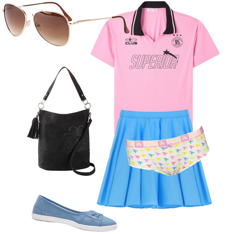 Outfit donna - Total look. Stile Preppy per Tutti i giorni. Abbinamento con ballerine, occhiali da sole, borse a mano, polo, minigonne, culotte.