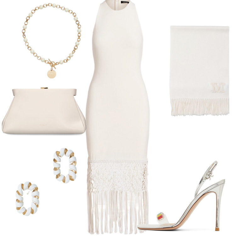 Outfit donna - Total look #1916206. Stile Chic per Serata fuori. Abbinamento con collane, vestiti a tubino, sandali in pelle, sciarpe, pochette, orecchini.