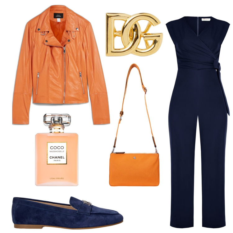 Outfit donna - La tuta blu. Stile Bon Ton per Tutti i giorni. look ideale per Petite. Abbinamento con blazer, profumi, tute, mocassini, borse a tracolla, anelli.
