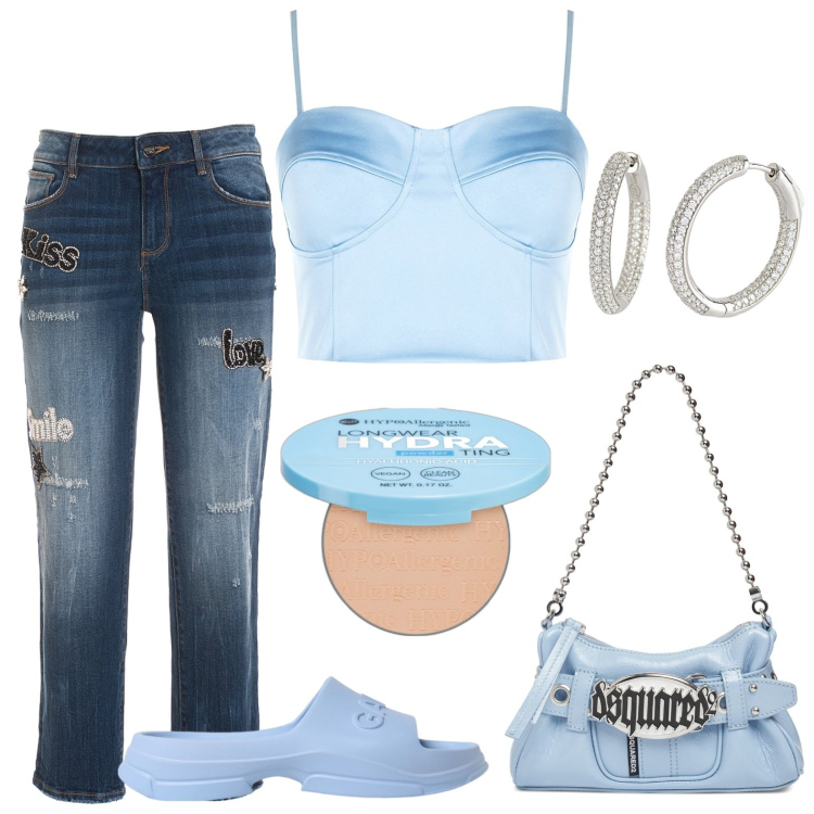 Outfit donna - Il top effetto wow. Stile Bon Ton per Tutti i giorni. look ideale per Petite. Abbinamento con ciprie, orecchini, top, jeans, borse a spalla, sandali.