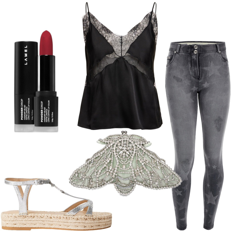 Outfit donna - La pochette originale. Stile Boho per Tutti i giorni. look ideale per Petite. Abbinamento con rossetti, jeans skinny, espadrillas, top, borse a tracolla.